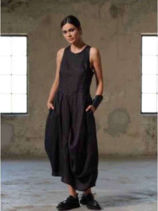 Me&Gee Dresses & Skirts - 100% Linen - Made in Italy -Minimal Black Sleeveless Midi Dress with Pockets
